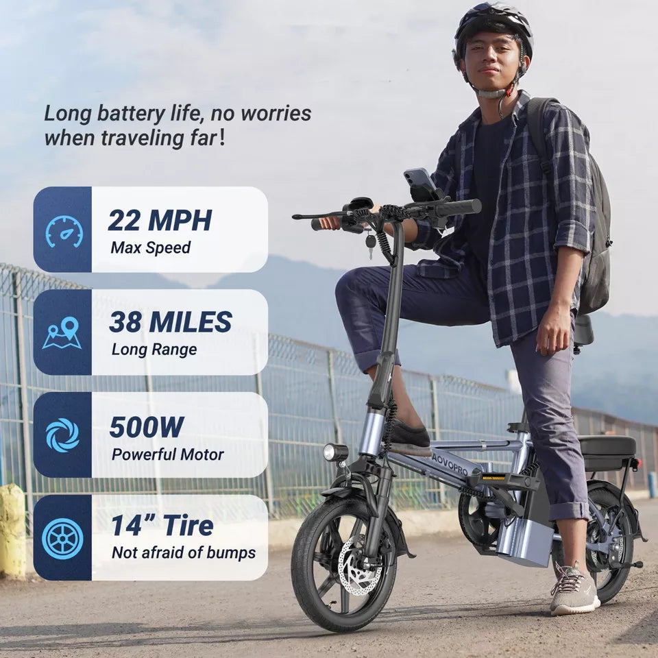 AOVOPRO EB60 14 Inch Ebike 500W Folding Electric Bike Bicycle 48V 10.4AH 22MPH